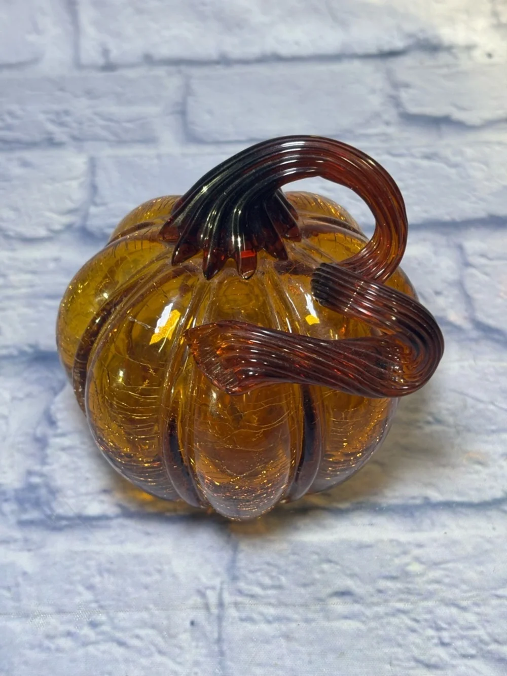 Glass Amber Pumpkin Hand Blown Crackle Finish Thanksgiving Curly Steam Pier One